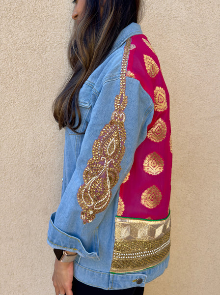 Pink and Gold Sari Oversized Denim Jacket - Made to Order XS-XXL