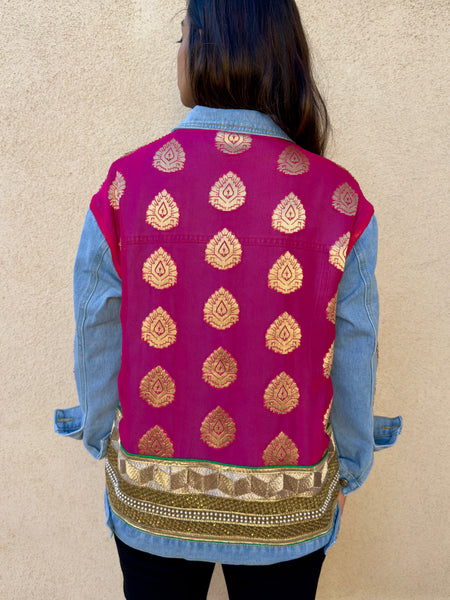 Pink and Gold Sari Oversized Denim Jacket - Made to Order XS-XXL