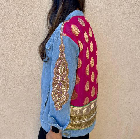 Pink and Gold Sari Oversized Denim Jacket - Made to Order XS-XXL