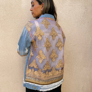 Pink Net and Gold Sari Oversized Denim Jacket - Made to Order