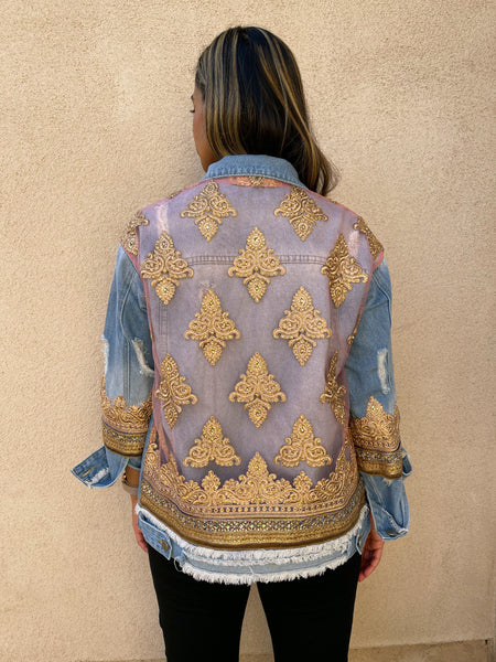 Pink Net and Gold Sari Oversized Denim Jacket - Made to Order