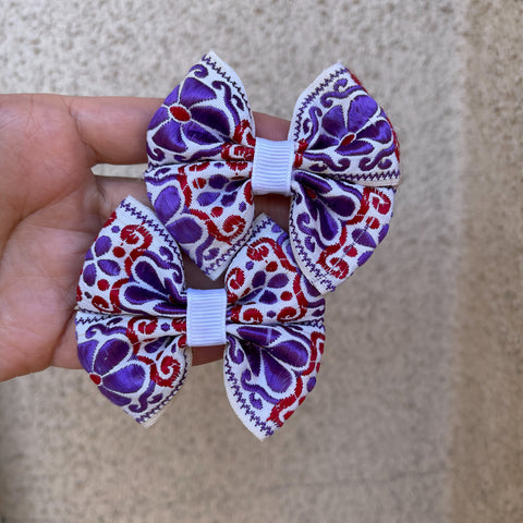 Mini Purple and Red Sari Trim Hair Bows (2 Pack)