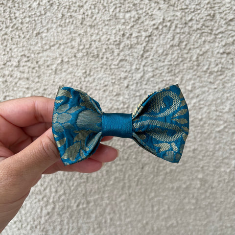 Teal and Gold Sari Bow Tie (Clip on)